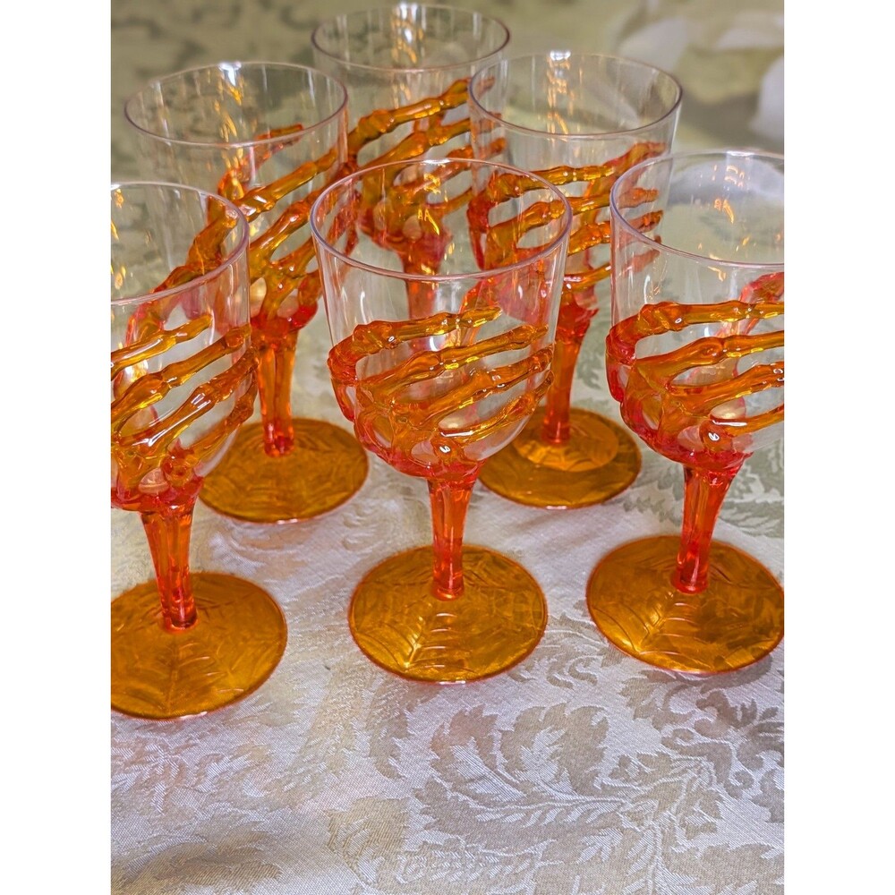 Halloween Skeleton Hand Spiderweb Orange Stemmed Wine Glasses - Set of 6